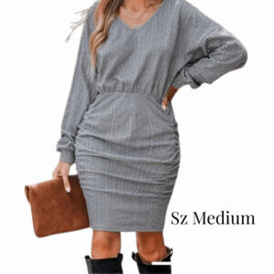 Gray Ruched Dress Long Sleeves V-Neck Knee Length Cupshe Sz Medium